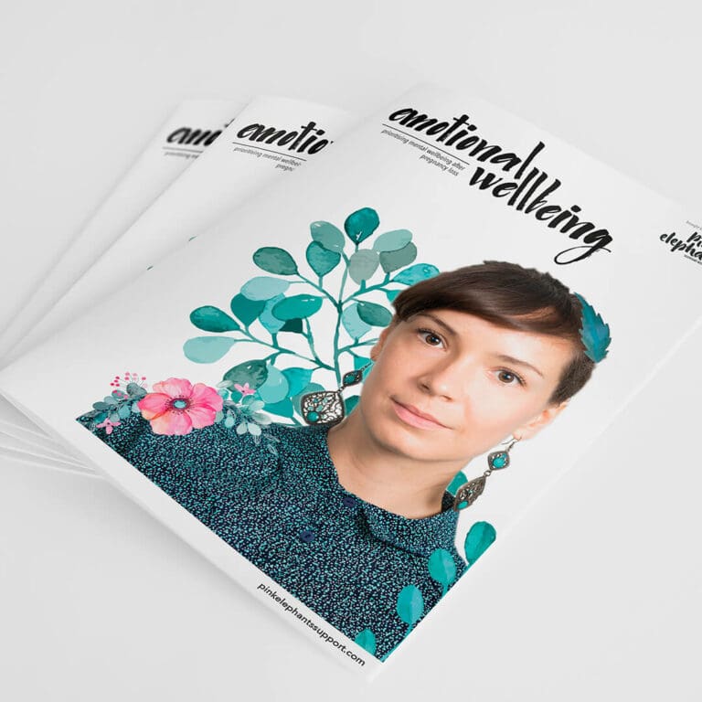 Woman with eucalyptus leaves and flowers on Pink Elephants Support Network emotional wellbeing magazine cover
