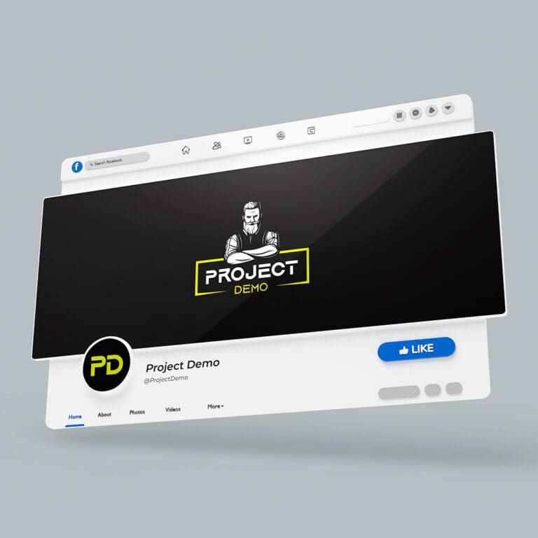 Project Demo Facebook business page header with mascot logo.