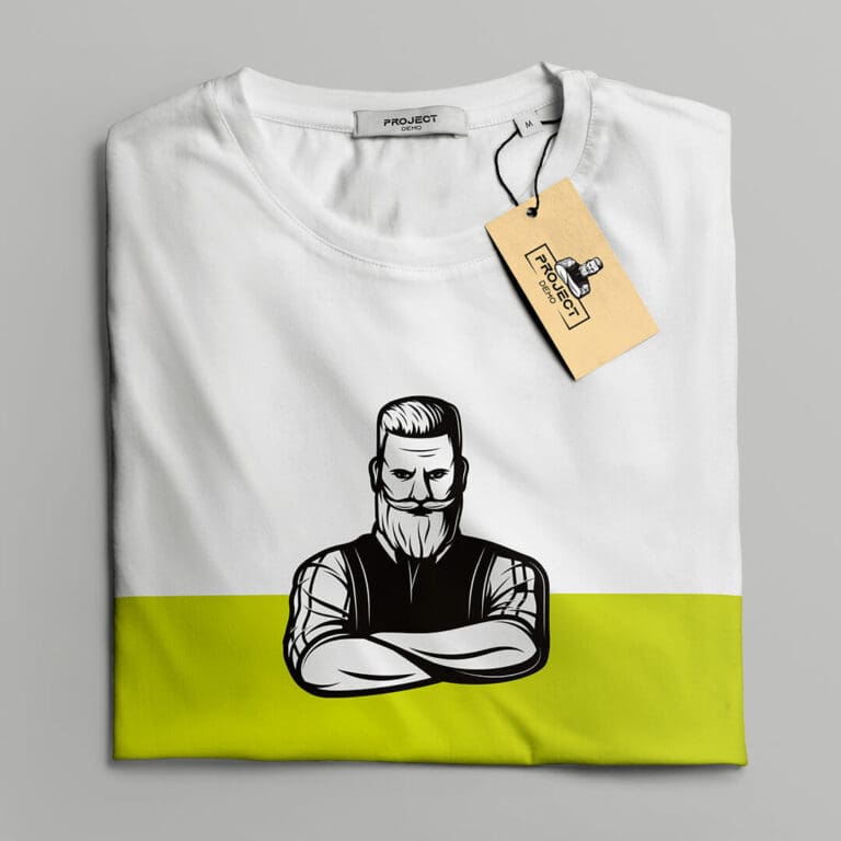 Project Demo branded t-shirt with mascot graphic and neon yellow hem.