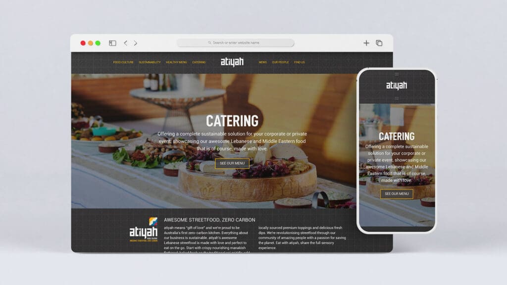 Homepage of Atiyah displaying their sustainable catering services with Lebanese and Middle Eastern dishes on desktop and mobile screens.