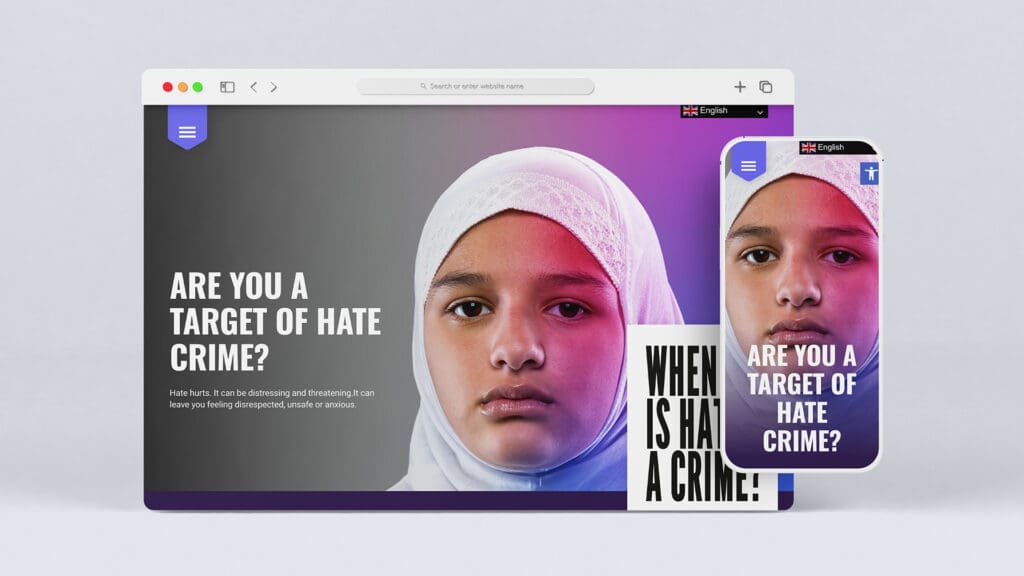 Responsive web design mockup featuring a serious young girl in a hijab with text about hate crime awareness.