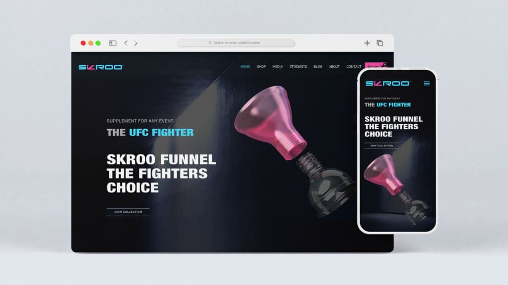 Homepage of Skroo featuring the Skroo Funnel, marketed as 'The Fighter's Choice,' displayed on desktop and mobile screens.