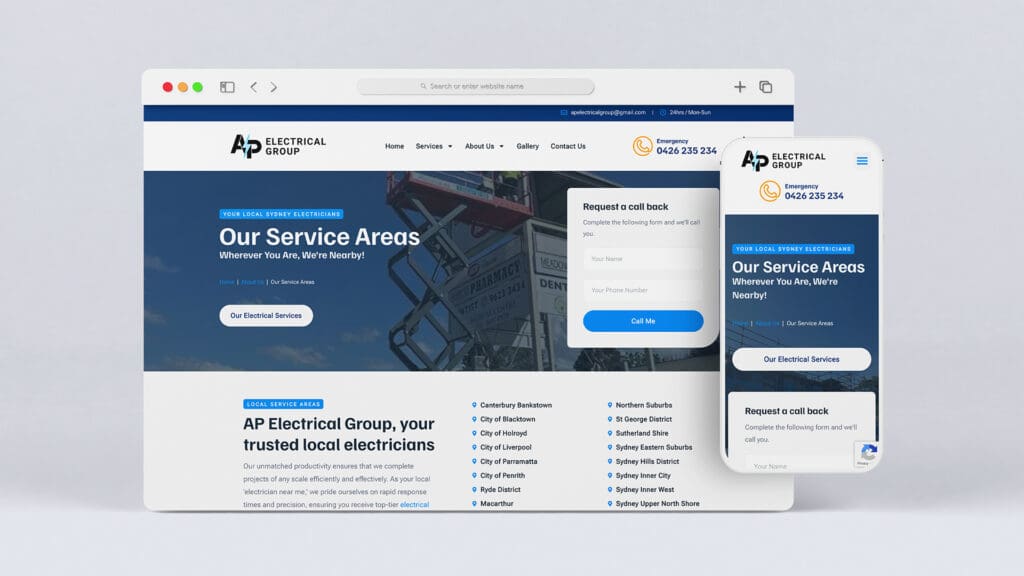 Homepage of AP Electrical Group displaying their service areas and contact options on desktop and mobile screens.