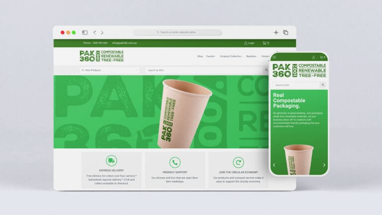 Homepage of Pak360 displaying their commitment to compostable and renewable packaging on desktop and mobile screens.