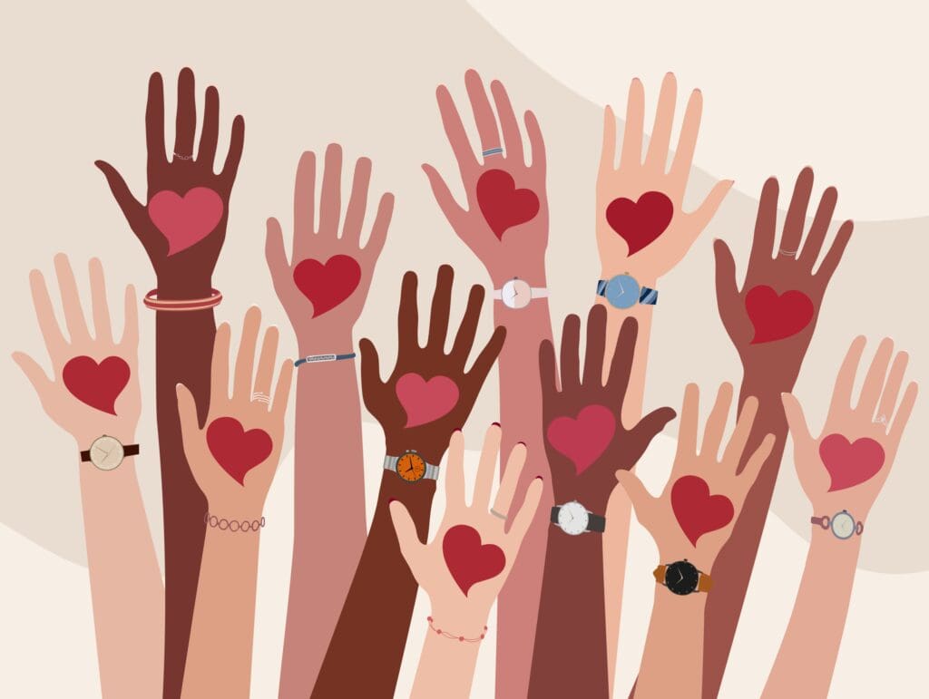 Illustration of diverse hands raised with red hearts on the palms, symbolising community support and unity in giving.