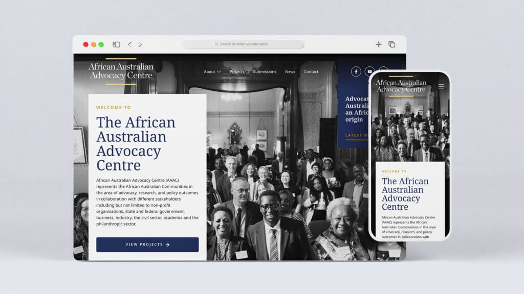 African Australian Advocacy Centre website homepage displayed on desktop and mobile devices, showcasing a diverse group of people smiling.